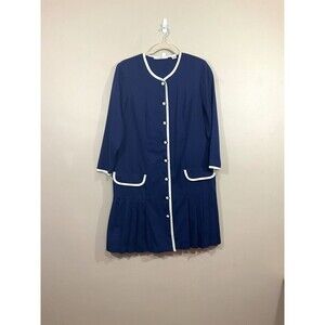 VTG Womens Nautical Midi Dress 18 Blue 80s Sailor Retro Pleated Preppy Coastal